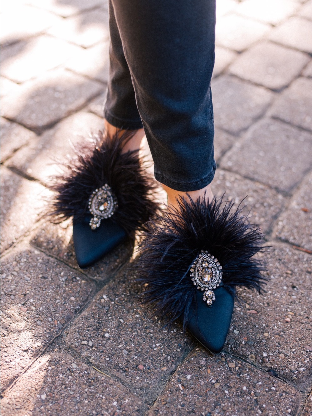 Tory Burch Black Feather & Jeweled Pointed Toe Mules - Picture 1 of 3